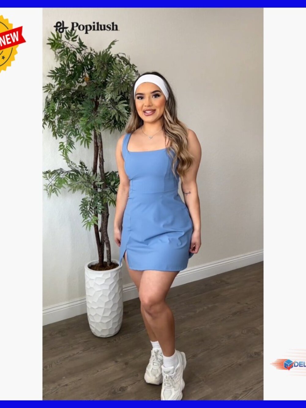 Shapewear Tennis Dress with Pockets, Square Neck, Slit Hem, Built-in Shorts - Picture 5 of 7